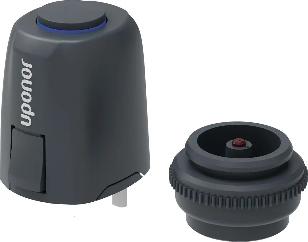 Uponor Vario PLUS Stellantrieb NC 230V — dunkelgrauer Antrieb mit blauem LED-Ring und separatem Gewindeadapter, Schrägansicht