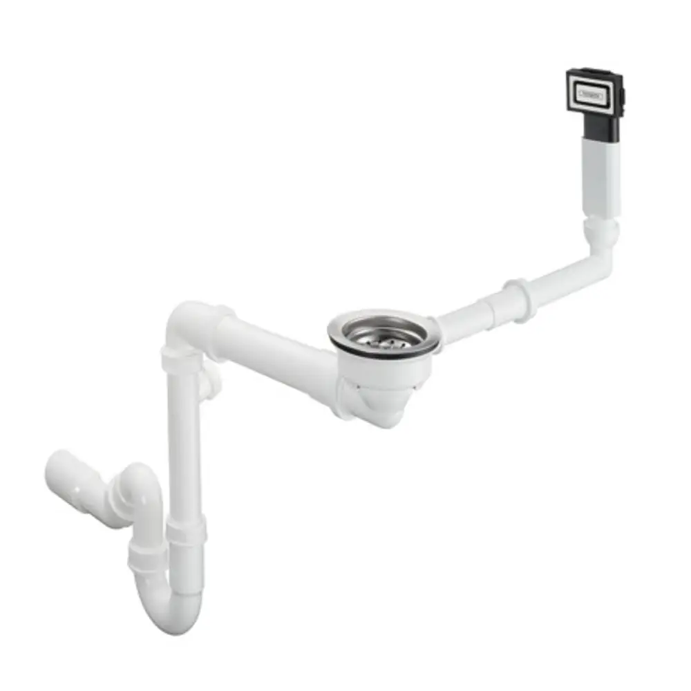 Ab- und Überlaufgarnitur von Hansgrohe mit Rohrleitungen in Weiß und einem Abfluss mit verchromtem Sieb, geeignet für Einzelbeckeninstallationen.