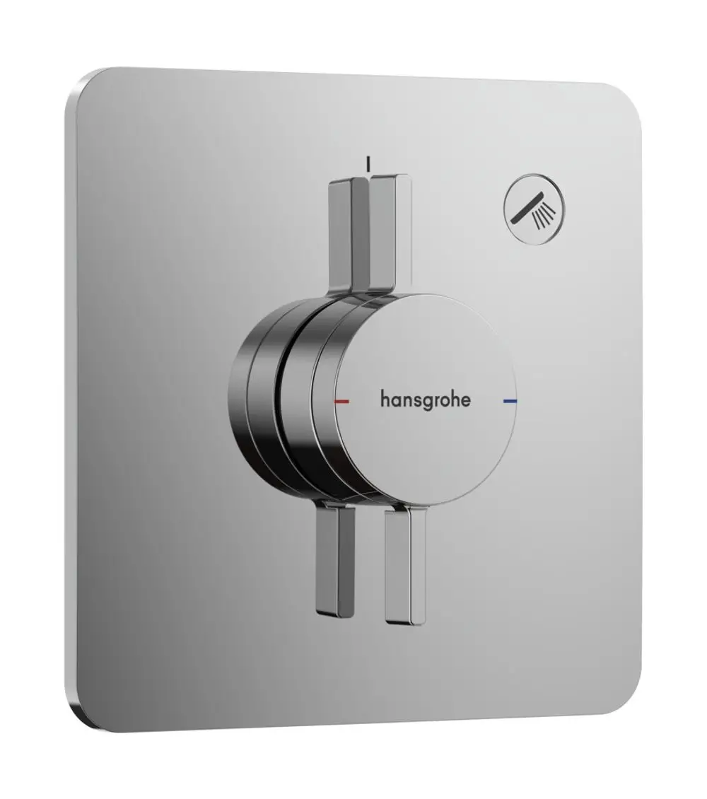 Kreisbeschalter mit zwei Hebeln auf einer glatten Wandplatte in Chrom, beschriftet mit der Marke Hansgrohe, zur Steuerung von Wasser- und Temperaturzufuhr.
