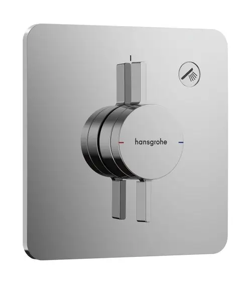 Kreisbeschalter mit zwei Hebeln auf einer glatten Wandplatte in Chrom, beschriftet mit der Marke Hansgrohe, zur Steuerung von Wasser- und Temperaturzufuhr.