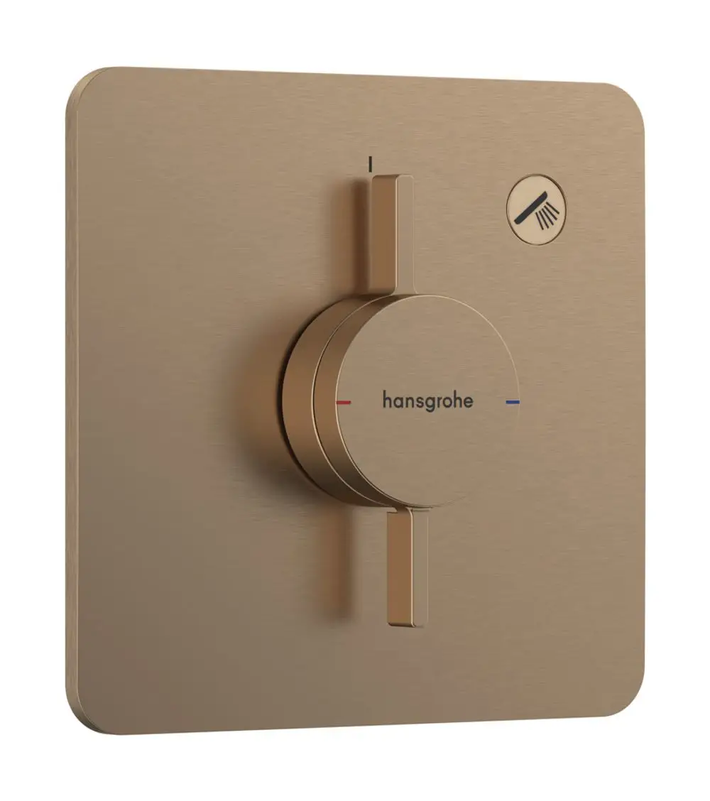 Mischer mit runder Steuerungselement in gebürstetem Bronze-Finish von Hansgrohe, montiert auf quadratischer Plattenoberfläche, zur Regulierung von Wasserfluss und Temperatur.