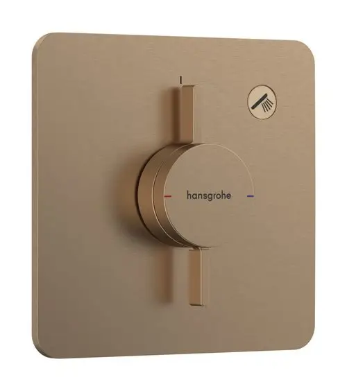 Mischer mit runder Steuerungselement in gebürstetem Bronze-Finish von Hansgrohe, montiert auf quadratischer Plattenoberfläche, zur Regulierung von Wasserfluss und Temperatur.