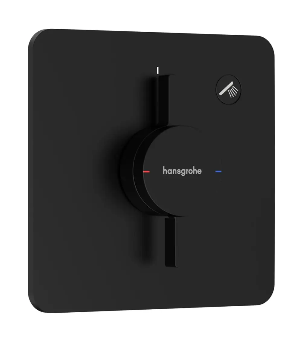 Schwarzer Unterputzmischer von Hansgrohe mit einem runden Drehregler und einem Betätigungshebel, geeignet für einen Wasserverbraucher.