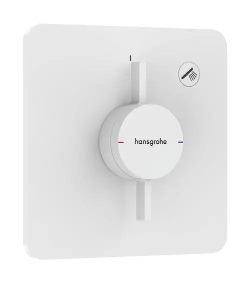 Weißer Unterputz-Mischer von Hansgrohe mit einem runden Drehregler, ausgestattet mit roten und blauen Markierungen zur Temperaturanzeige.