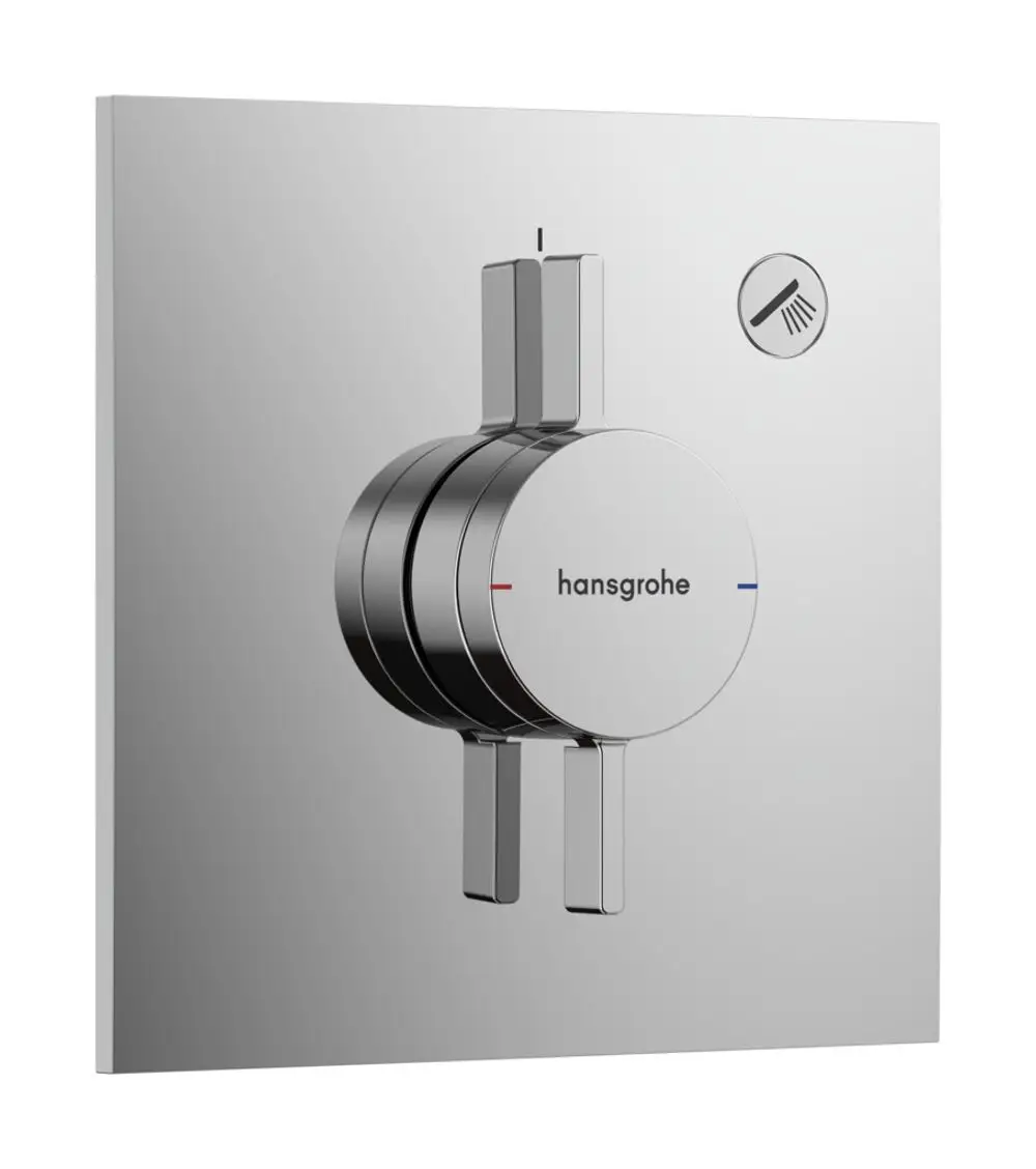 Wandmontierter Mischthermostat von Hansgrohe mit zwei Bedienelementen für die Regelung von Wasserstrahl und Temperatur in verchromter Ausführung.
