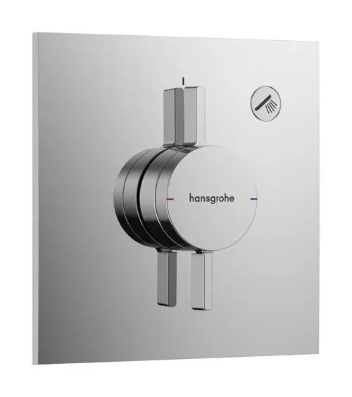 Wandmontierter Mischthermostat von Hansgrohe mit zwei Bedienelementen für die Regelung von Wasserstrahl und Temperatur in verchromter Ausführung.