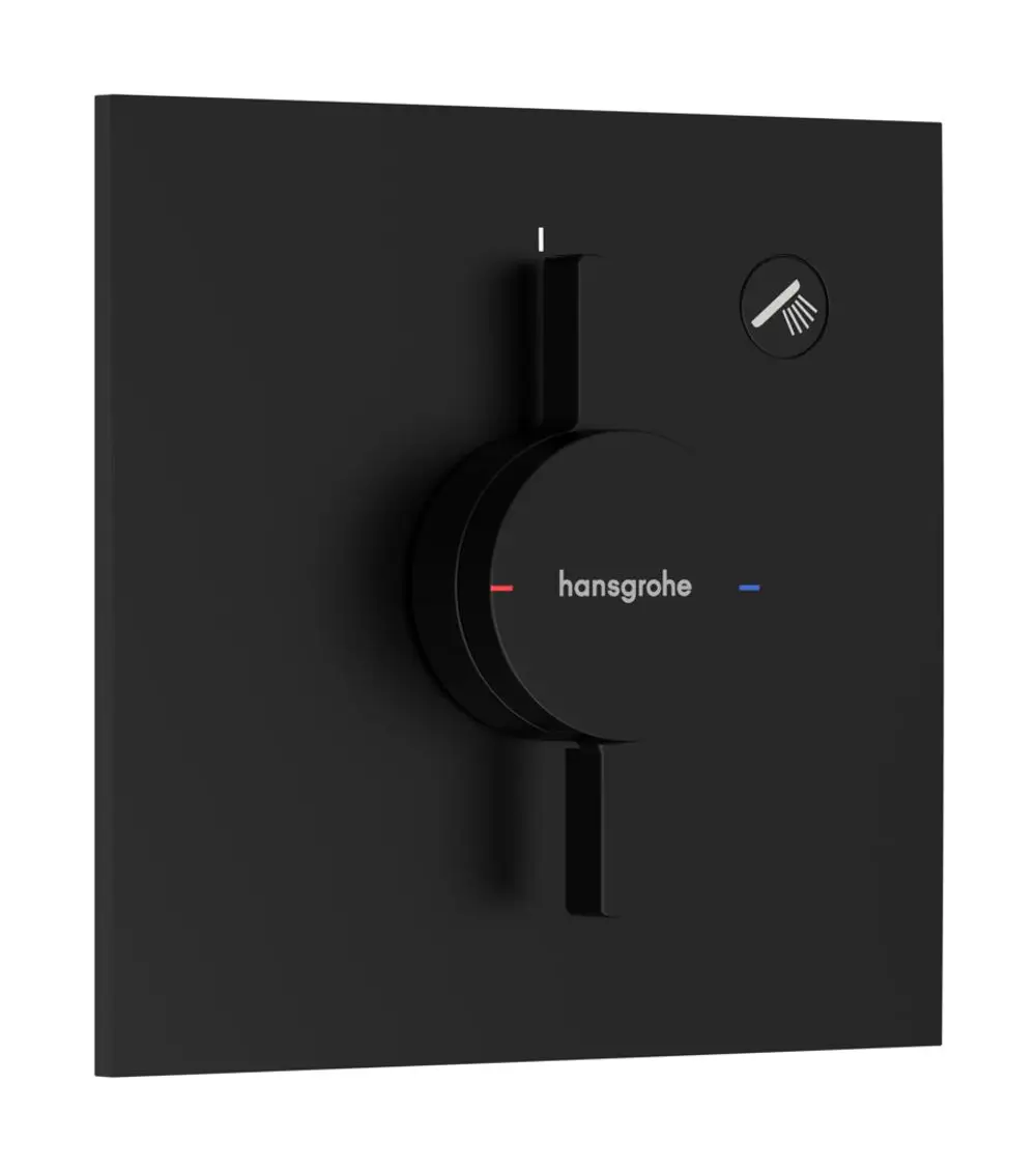 Schwarze Unterputzarmatur mit einem Drehregler und einem Schalter, beide mit Hansgrohe-Logo. Der Regler hat Farben für Temperatur und einen ikonischen Duschsymbol.