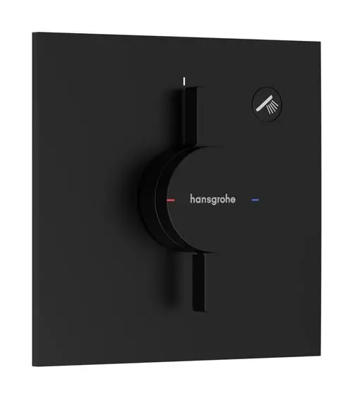 Schwarze Unterputzarmatur mit einem Drehregler und einem Schalter, beide mit Hansgrohe-Logo. Der Regler hat Farben für Temperatur und einen ikonischen Duschsymbol.