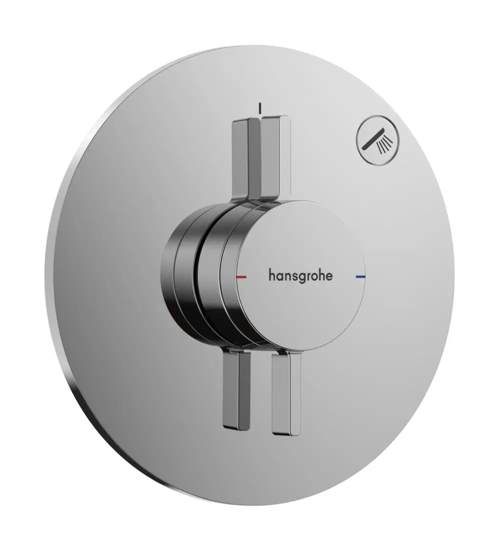 Unterputz-Mischer in Chrom mit zwei verstellbaren Reglern und ikonischem Hansgrohe-Logo. Einfache Steuerung für einen Wasserverbraucher.
