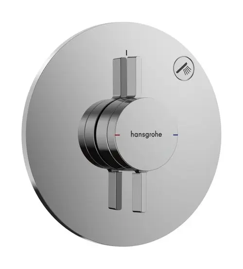 Unterputz-Mischer in Chrom mit zwei verstellbaren Reglern und ikonischem Hansgrohe-Logo. Einfache Steuerung für einen Wasserverbraucher.