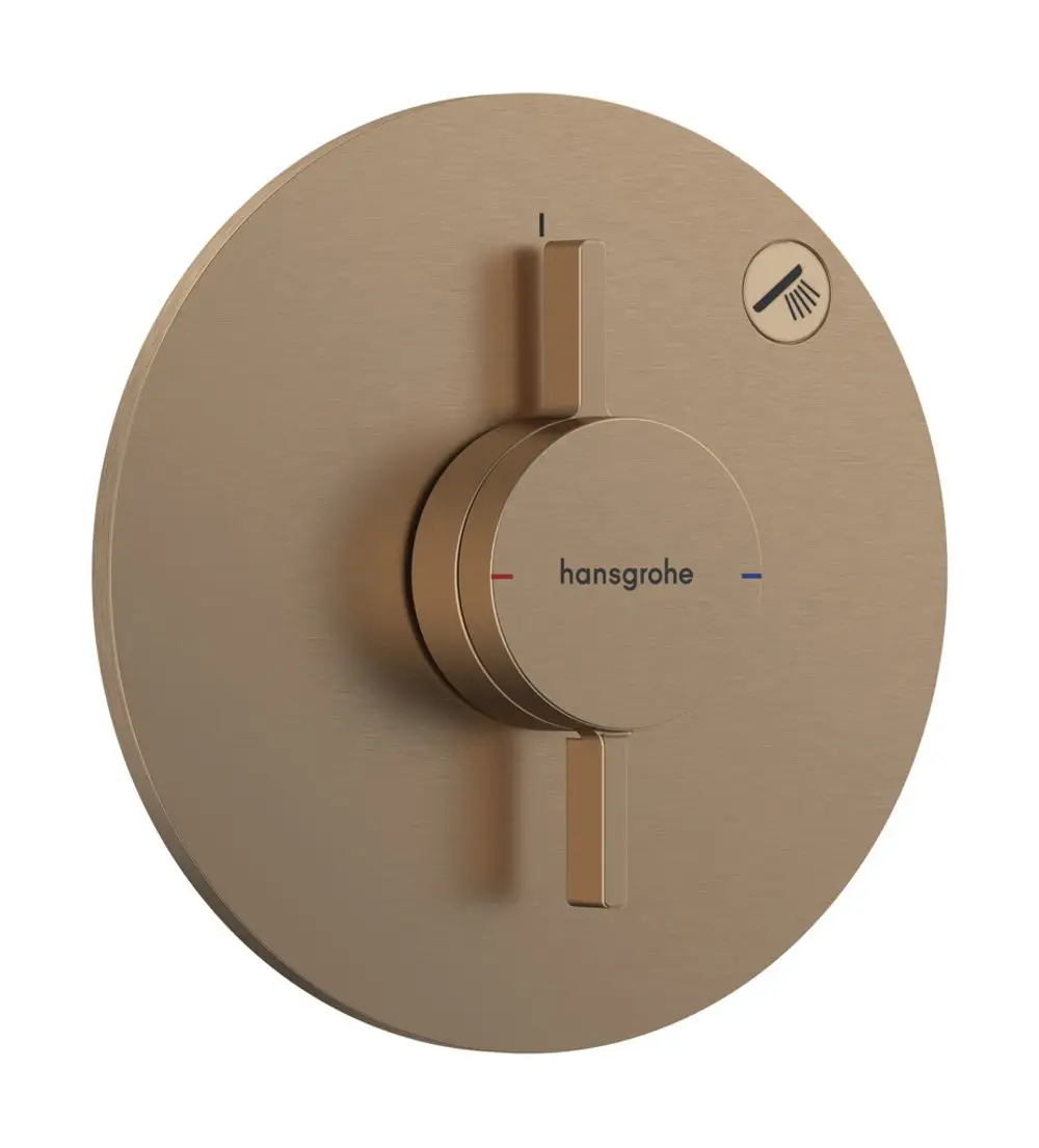 Unterputzmischer mit Drehknopf zur Regulierung von Wasserzufuhr und Temperatur, in gebürstetem Bronze-Finish, Marke Hansgrohe.