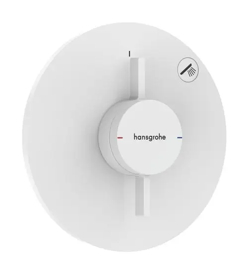 Mischer für Bad oder Dusche in mattem Weiß von Hansgrohe. Rundes Design mit einem Drehregler zur Steuerung des Wassers. Symbol für einen Duschkopf vorhanden.