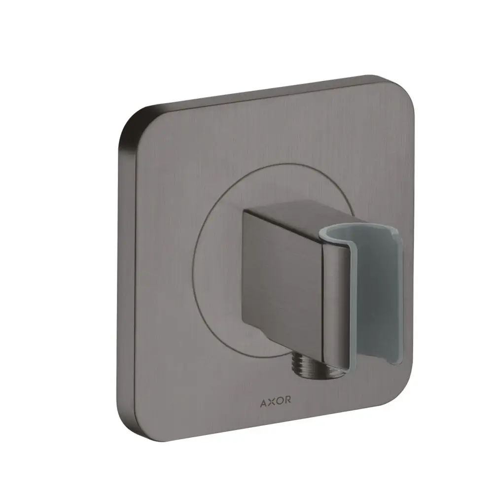 Wandmontierte Anschlussbox in Brushed Black Chrome von AXOR. Quadratische Platte mit seitlichem Anschluss für eine saubere Installation.
