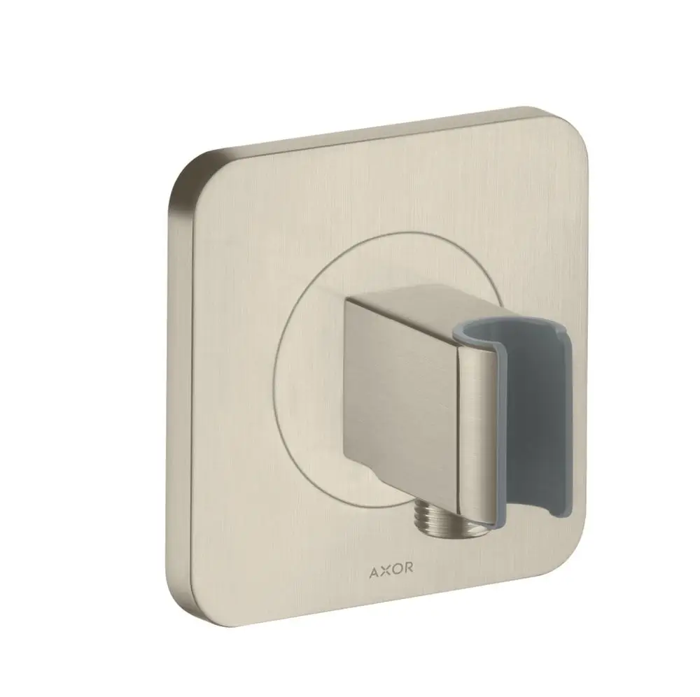Wandmontierte Anschluss-Einheit in gebürstetem Nickel-Finish von AXOR mit quadratischer Abdeckung und einem seitlichen Anschluss für flexible Installation.