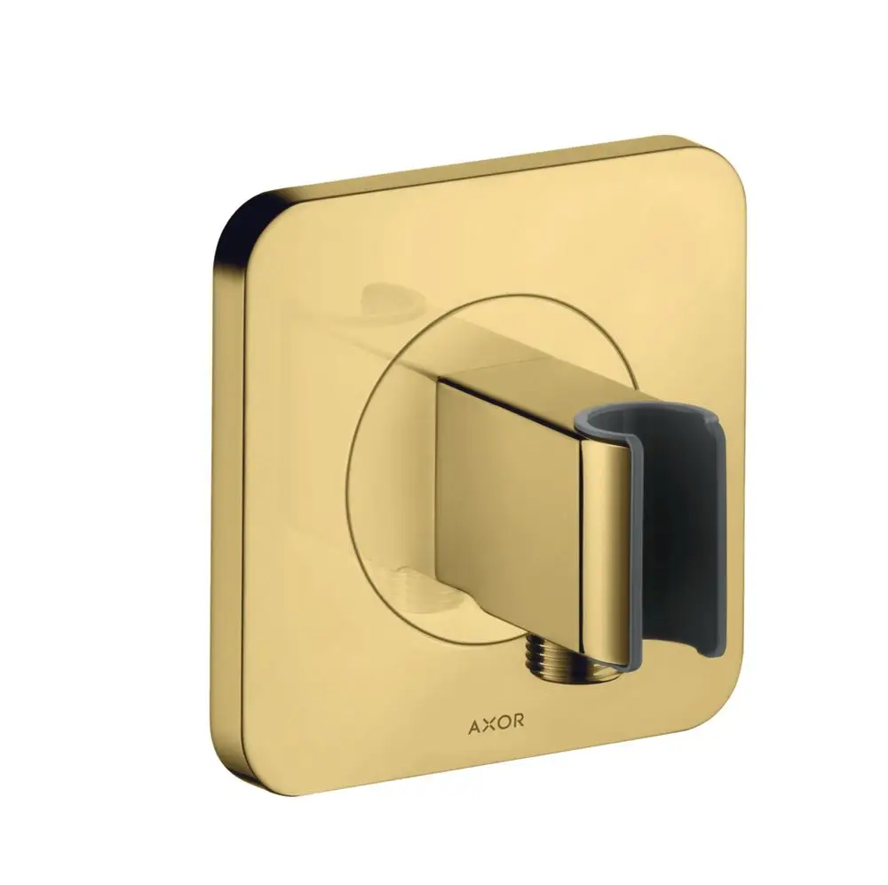 Wandmontierte Verbindungseinheit in goldener Optik mit quadratischer Blende und seitlichem Anschluss für AXOR-Duschsysteme.