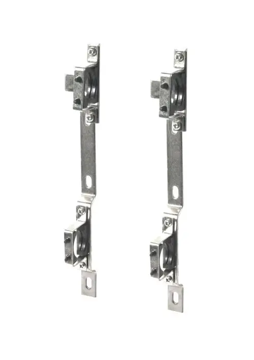 Montagebügel aus Metall mit Rollen, geeignet für die Befestigung von Danfoss-Verteilern. Zwei Stück, jeweils mit Halterungen und Befestigungslöchern für die Montage.