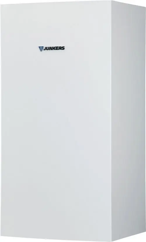 Weißer Warmwasserspeicher mit dem Logo "JUNKERS" an der Frontseite, rechteckige Form und moderne Oberflächenstruktur.