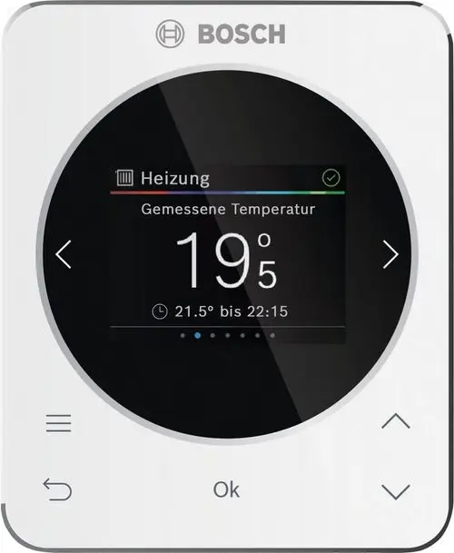 Digitale Thermostatregelung von Bosch mit Anzeige der aktuellen Temperatur (19°C) und Heizzeiten (21.5°C von 21:00 bis 22:15) sowie Steuerelementen.
