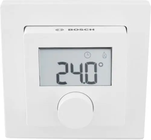 Digitaler Thermostat von Bosch mit einer Temperaturanzeige von 24,0°C und einem Einstellrad zur Temperatureinstellung.