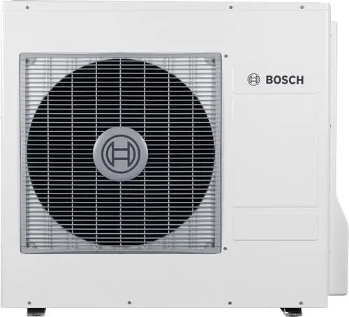 Außeneinheit einer Luft-Wasser-Wärmepumpe von Bosch mit großem Ventilator und grauem Gehäuse.