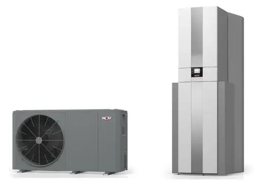 Zwei WOLF Waermepumpen: links ein graues Außengerät mit großem Ventilator, rechts ein elegantes, silbernes Innengerät mit Display.