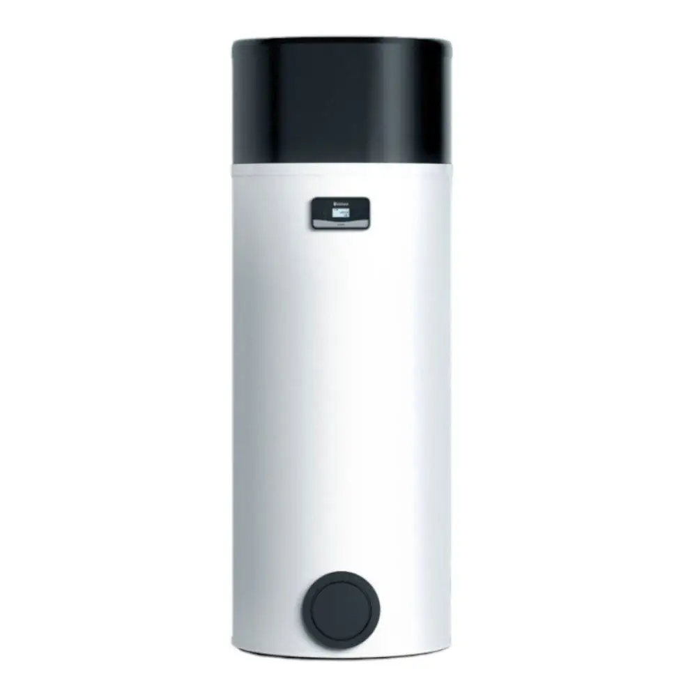 Vertikale Warmwasserwärmepumpe in weißem und schwarzem Design. Von der Marke Vaillant, mit Bedienfeld und einem runden, schwarzen Knopf an der Unterseite.