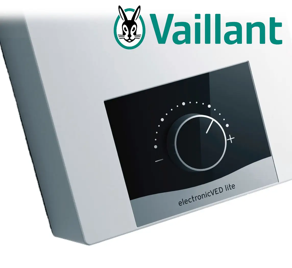Weiße Wandmontage von Vaillant mit einem analogen Regler und Skala zur Temperatur- oder Leistungsanpassung. Modellbezeichnung auf dem Display.