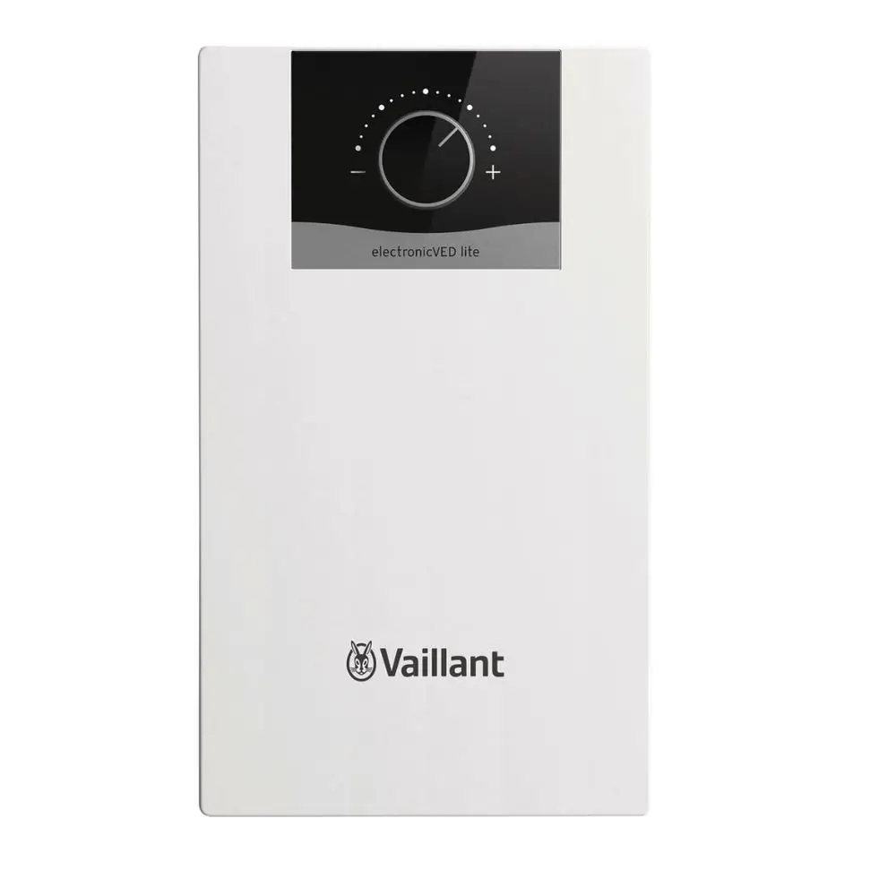 Weißer Durchlauferhitzer von Vaillant mit einem runden Drehregler und einer elektronischen Anzeige oben. Gerät ist für die Wandmontage geeignet.