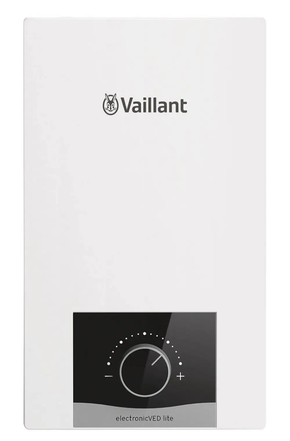 Weißer Durchlauferhitzer von Vaillant mit einem runden Einstellregler und einem klaren Display zur Temperaturregelung, installiert an einer glatten Wand.