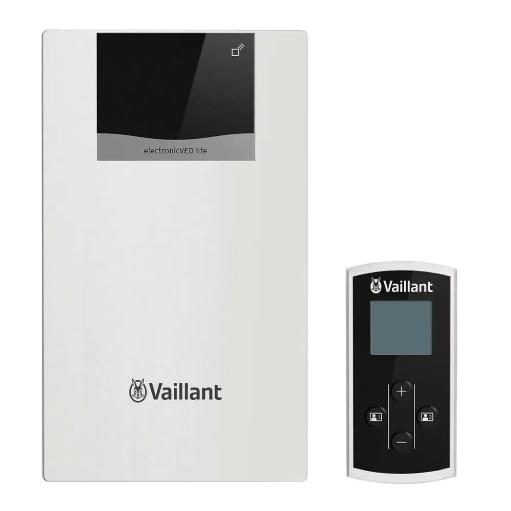 Vaillant Durchlauferhitzer in weißer Ausführung mit digitalem Display und Bediengerät. Kompaktes Design zur schnellen Warmwasserbereitung.