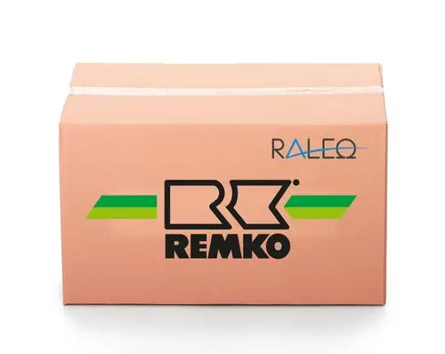 Karton mit dem Logo von Remko, der Markenname ist in Schwarz, umgeben von verschiedenen geometrischen Formen in Grün und Schwarz.