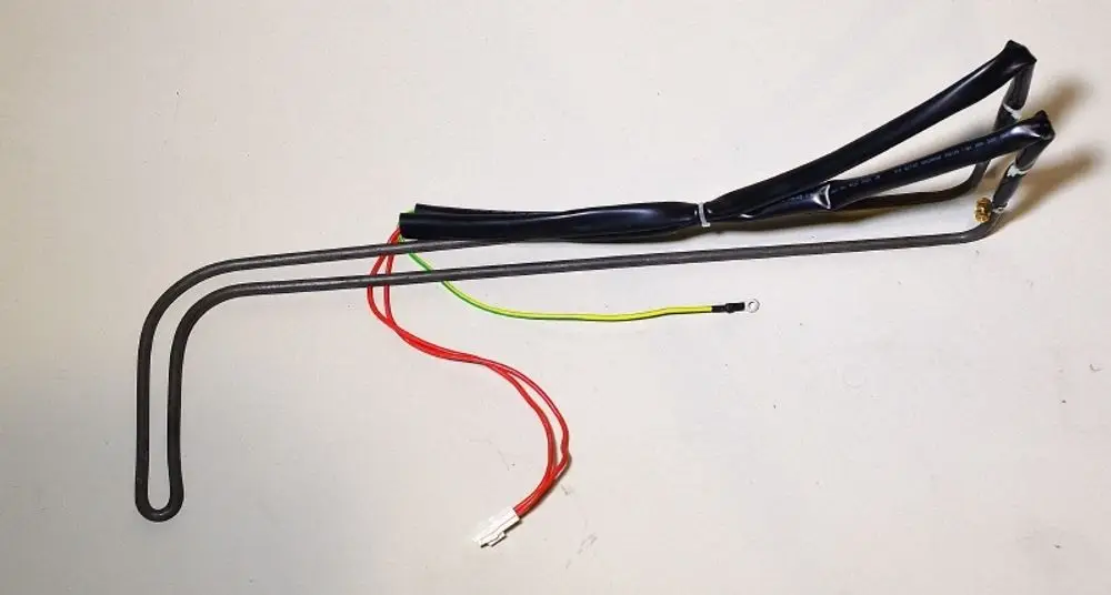 Heizspirale mit zwei gebogenen Drähten, versehen mit Kabeln in verschiedenen Farben. Anwendungsbereich in der Heiztechnik, möglicherweise von der Marke Remko.