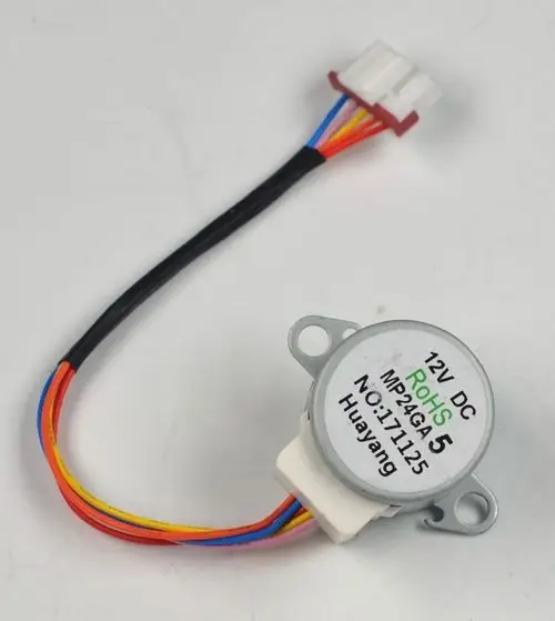 12V DC Motor mit mehrfarbigen Kabeln und einem weißen Anschlussstecker, gekennzeichnet mit "Huayang" und "RoHS". Verwendung in Geräten der Marke Remko möglich.