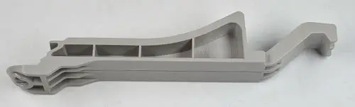 Grau gefärbte Halterung von Remko, vermutlich zur Montage oder Befestigung, mit verschiedenen Fächern und einem abgewinkelten Ende.