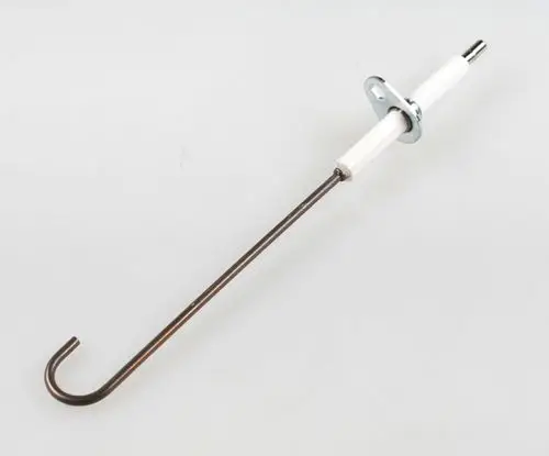 Zündelektrode mit metallischem Stift und weißem Halter, montierbar. Teil von Remko-Produkten zur Zündung in Heizsystemen.