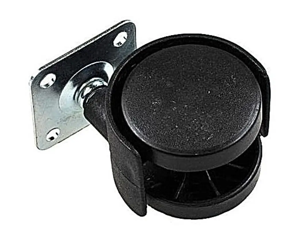 Transportrolle mit metallenem Befestigungsblech. Schwarzes Rad aus Kunststoff und doppeltem Design. Produkt von Remko für den Einsatz an beweglichen Untergestellen.