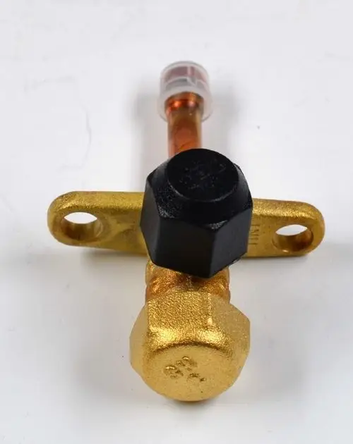 Einspritzleitungsabsperrventil von Remko, mit einer goldenen Oberfläche und einem schwarzen Montageschraubenkopf, fixiert mit einer Halterung.