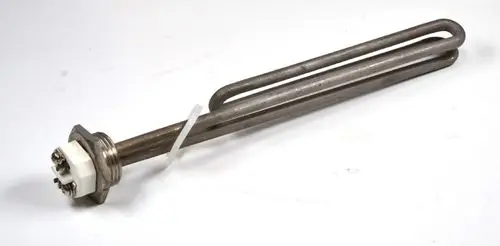 Heizstab aus Edelstahl mit einer gebogenen Heizspirale. Befestigungsflansch mit Anschlüssen für elektrische Verbindungen. Produkt von Remko.