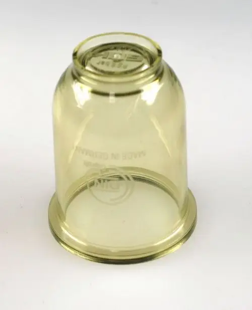 Transparente Ölfiltertasse mit rundem Boden, hergestellt von Remko, und der Aufschrift „MADE IN GERMANY“ im Inneren.