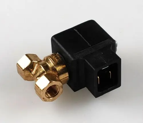 Magnetventil mit einer goldenen Messingschnittstelle und einem schwarzen Kunststoffgehäuse. Von der Marke Remko, geeignet für hydraulische Anwendungen.