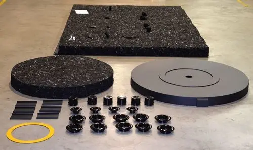 Zwei runde Isolierplatten in Schwarz sowie diverse schwarze und gelbe Teile, die zu einem Remko-Produkt gehören. Die Teile liegen auf einem Betonboden.