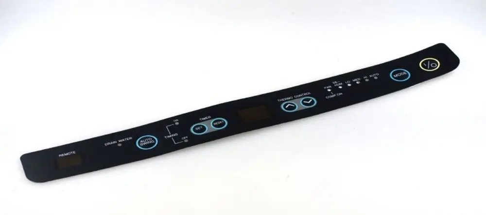 Tastaturfolie von Remko mit verschiedenen Tasten für Funktionen wie Temperaturkontrolle und Timer. Anzeigen und Symbole sind auf schwarzem Hintergrund angeordnet.
