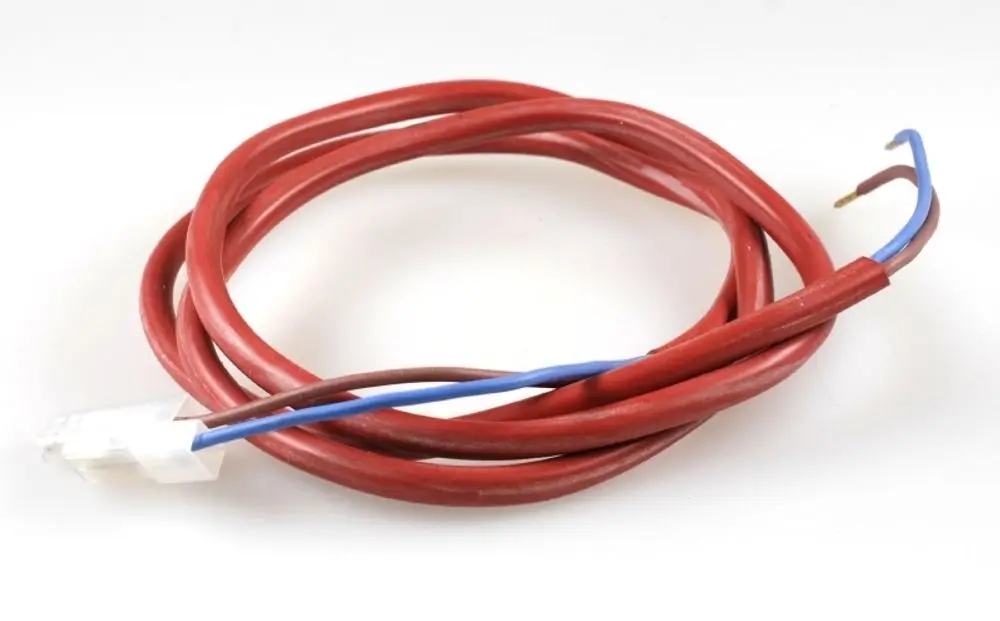Thermostatkabel mit zwei Adern, eine rote und eine blaue, abisolierten Enden und einem Stecker, zur Verwendung in Geräten der Marke Remko.