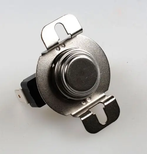 Nachkühlthermostat von Remko mit Metallgehäuse und Anschlüssen für elektrische Verbindung. Rundes Thermostat mit zwei Halterungen zur Montage.