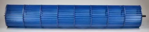 Blaues Ventilatorrad von Remko mit einer gerillten Oberfläche, zylindrischer Form und zwei Anschlussenden.