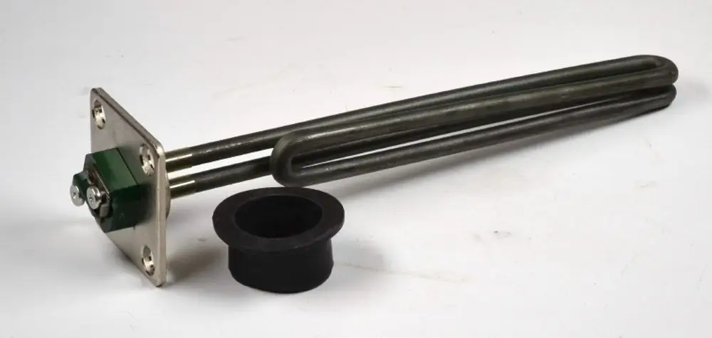 Elektrischer Heizstab mit zwei Heizschlangen und einer flachen Metallbasis, neben einer gummierten Dichtung. Produkt von Remko.