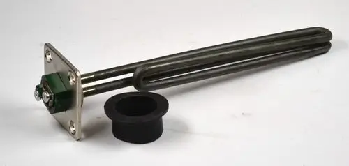 Elektrischer Heizstab mit zwei Heizschlangen und einer flachen Metallbasis, neben einer gummierten Dichtung. Produkt von Remko.