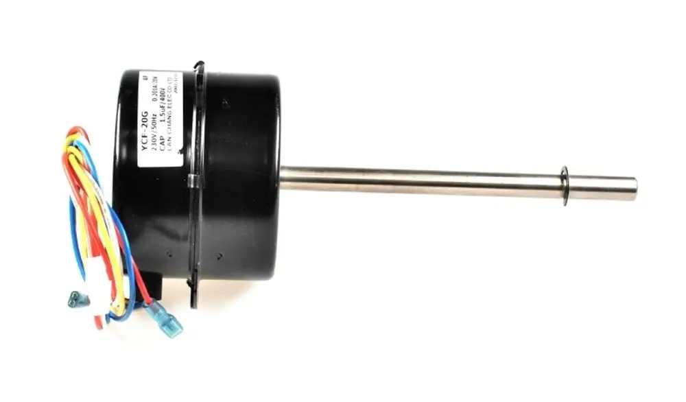 Verdampferventilator von Remko mit elektrischen Anschlüssen und Metallwelle, zur Verwendung in Klimaanlagen oder Kälteanlagen.