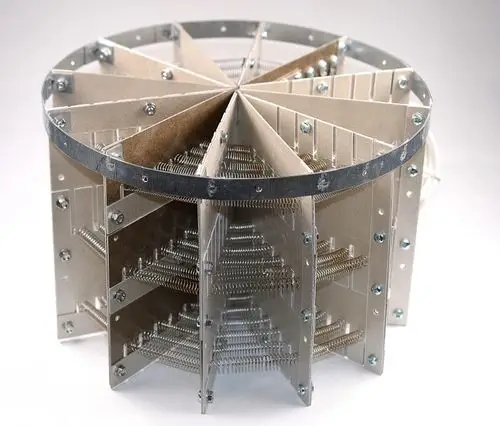 Heizeinsatz von Remko mit einem rotierenden Design aus Metall und gitterartigen Strukturen zur Wärmeverteilung, sichtbar in mehreren Fächern.