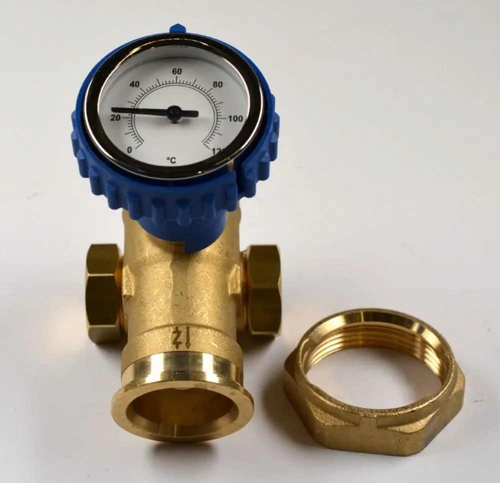 Blau lackierte Ventil für Heizungsanwendungen, ausgestattet mit einem Temperaturmessgerät, aus Messing und mit Anschlussgewinde. Produkt von Remko.